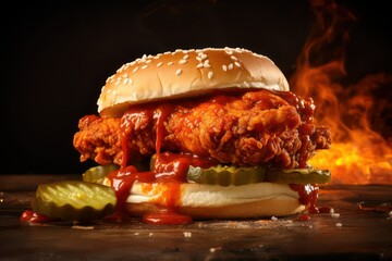 Nashville hot chicken sandwich with pickles and coleslaw, American fried chicken fast food 