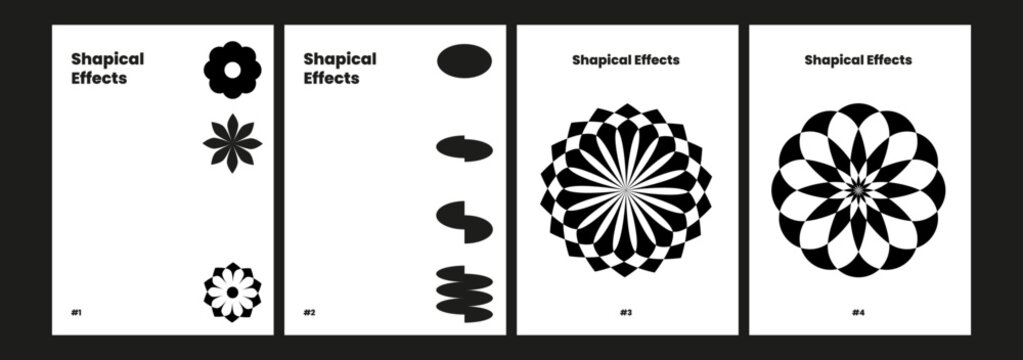 black and white graphic design postcard poster set radial pattern various circle different flower graphics multiple editorial layout