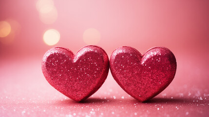 two pink hearts on a pink background with sparkles. Valentine's Day background