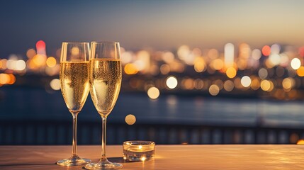 two glass of champagne for festive cheers with bokeh background