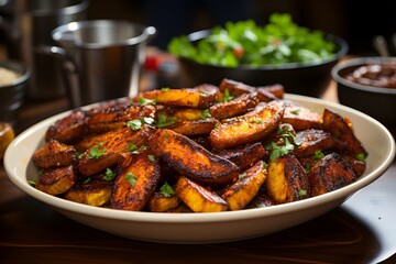 Savory delight of Ghanaian Kelewele - spiced and fried plantains providing a flavorful and subtly spicy snack or side dish - obrazy, fototapety, plakaty