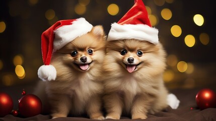 Fototapeta na wymiar cute puppy sit in red santa hat