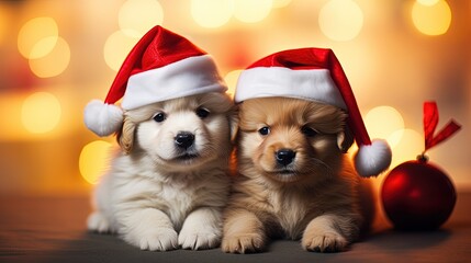 Fototapeta na wymiar cute puppy sit in red santa hat