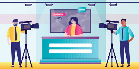 Cameramen and correspondent woman reporting latest news at newcast studio. On air journalist people. TV streaming, reportage, program. Breaking news, television studio set.