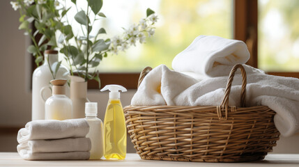 Basket of chemical and alternative eco detergent, cleaning and laundry products on a table with towels and window background. Front view. Horizontal composition. - obrazy, fototapety, plakaty