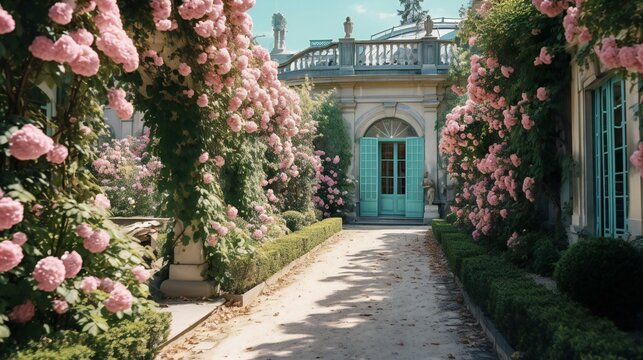 a path on green and pink flowers leading to french garden