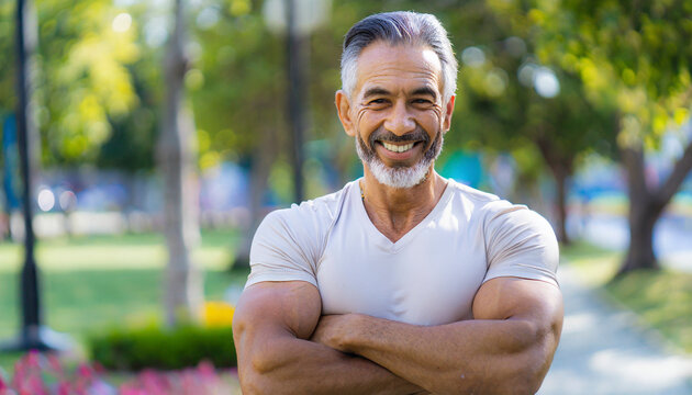 senior man with muscular body in park, bodybuilding and fitness concept