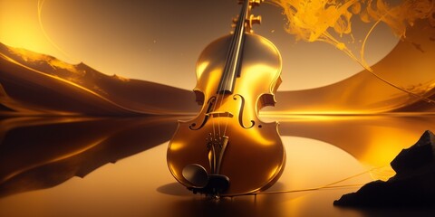 Harmonic Canvases: A Golden Violin Amidst Musical Notes and Abstract Paintings on the Nocturnal Background