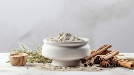 a bowl of flour with cinnamon sticks and rosemary on a white background.