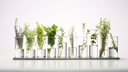 a row of plants in test tubes on a white background. - obrazy, fototapety, plakaty