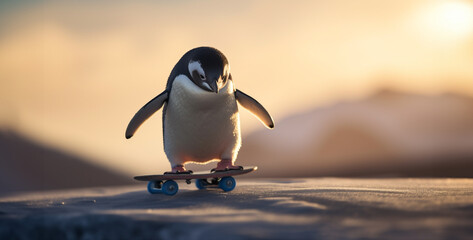 penguin on top of skateboard with great muscle, penguin at sunset