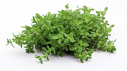 a bunch of fresh green oregano leaves on a white background.