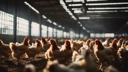 organic roaming chicken farm and hundreds of chickens at the factory  