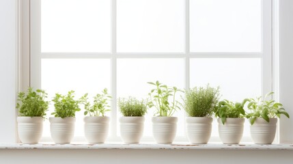 a row of green herbs in white pots on a windowsill, bathed in sunlight.