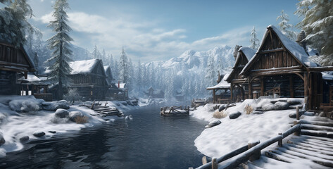 mountain village in the snow, mountain village in winter
