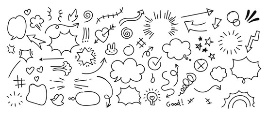 Set of cute pen line doodle element vector. Hand drawn doodle style collection of heart, arrows, scribble, speech bubble, star, bird, words. Design for print, cartoon, card.