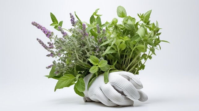 a bunch of various herbs held in a white glove against a white background.