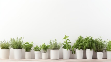 a row of potted plants on a wooden floor against a white wall. - obrazy, fototapety, plakaty