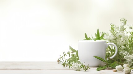 a white mug with green leaves and flowers on a wooden table against a white background.