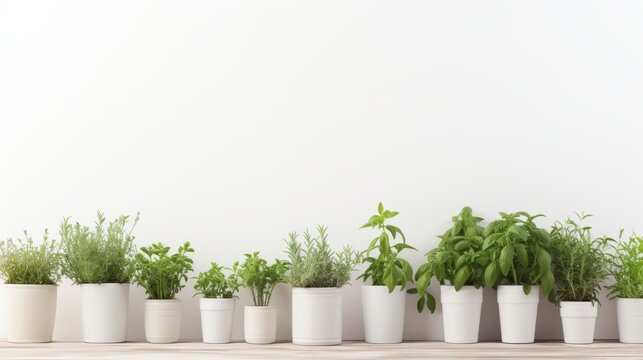 a row of potted plants on a wooden floor against a white wall.