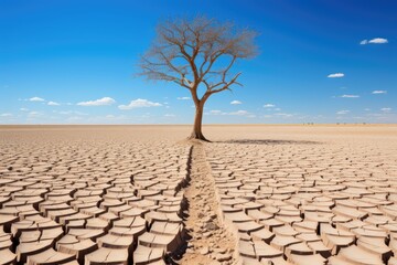 Cracked mud stretches along the side of a drying river, and a lone dead tree stands sentinel on the barren bank.