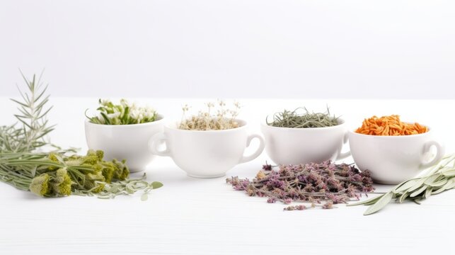 a collection of herbs and spices in white cups on a white background.