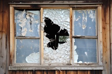 Old and Broken Store Window on White Wall. Abandoned House with Wooden Door and Shattered Glasses