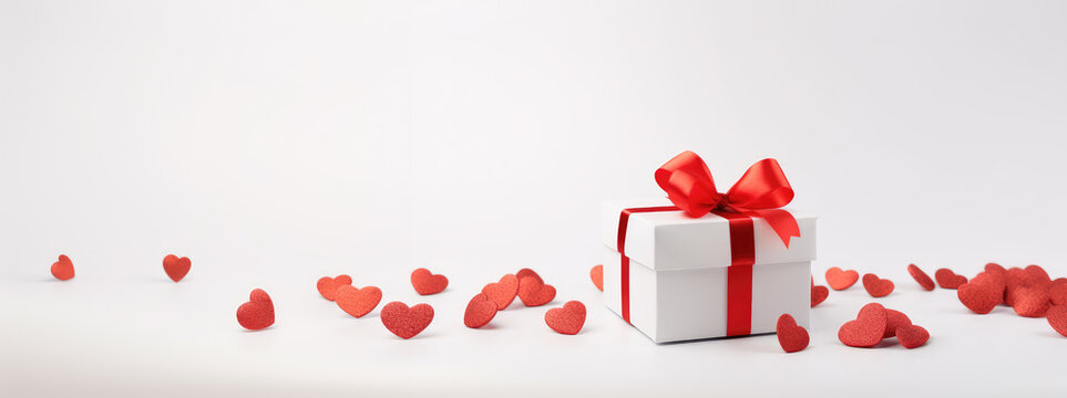White Gift box and festive red hearts on white background. Gift concept for Valentine Day, Wedding or Birthday, flat lay - Powered by Adobe