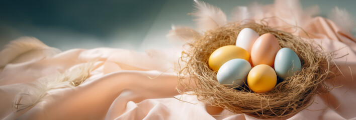 Still life of a nest of Easter eggs on a peach fuzz colored background. Banner with copy space.
