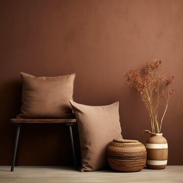 brown cushion on the table with decorative wall, background for social media product branding, generatice ai