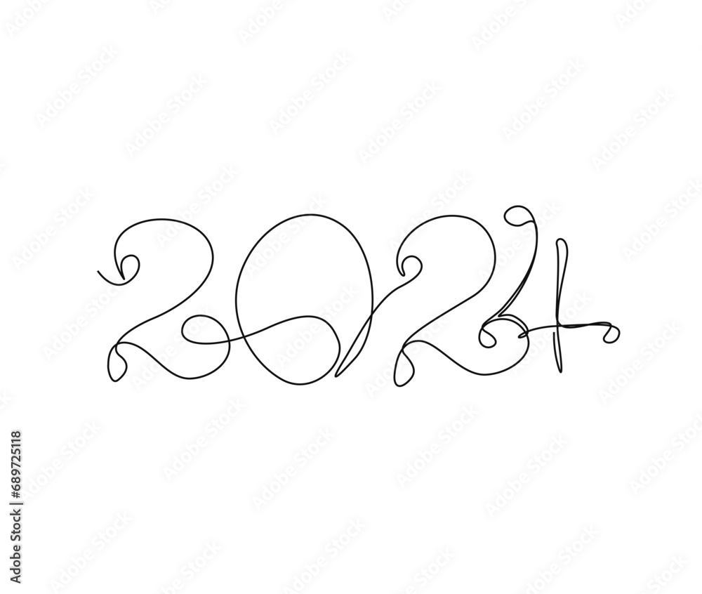 Wall mural Continuous one line drawing of 2024. 2024 handwritten lettering new year text vector. New year Lineart Design.