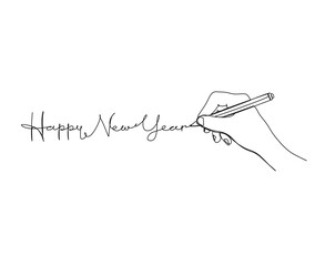 Continuous one line drawing of Happy New Year. Writing using pen. Happy New Year handwritten lettering new year text vector.