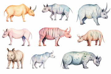 Fototapeta premium Set Of Watercolor paintings Rhinoceros on white background. 
