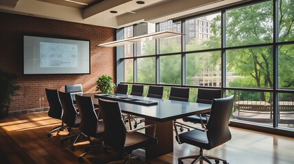Interior of a modern meeting room with brick walls, panoramic windows, long black table and chairs