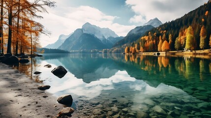 Autumn lake with reflection of mountains in the water. Bavaria, Germany