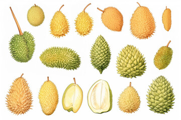 Watercolor painting Durian fruit symbols on a white background. 