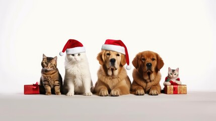 Cute dog puppy retriever with christmas gift boxes concept photo poster merry present red new year