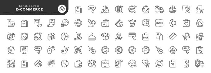 Set of line icons in linear style. Series - E-commerce and shopping. Online shopping cart, electronic purchase and sale on marketplaces. Conceptual pictogram and infographic. - obrazy, fototapety, plakaty