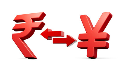 Obraz premium 3d Red Rupee And Yen Symbol Icons With Money Exchange Arrows On White Background 3d illustration