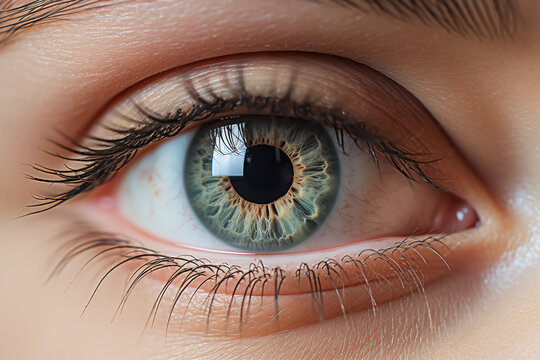 Nahaufnahme eines weiblichen Auges mit blaugr&uuml;ner Iris und nat&uuml;rlichen Wimpern