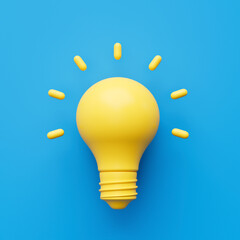 3d Shiny Yellow Light Bulb Icon Symbol Creative Concept Idea, On Blue Background 3d Illustration