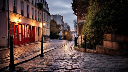 Fototapeta na wymiar typique rue pavée déserte de Paris au petit matin