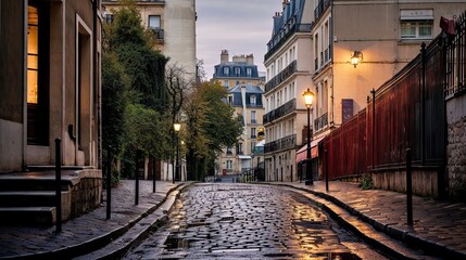 Fototapeta na wymiar typique rue pavée déserte de Paris au petit matin