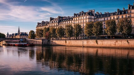 quai de Seine à Paris avec péniches et bâtiments Haussmannien - obrazy, fototapety, plakaty