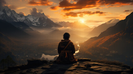 Sunrise/Sunset Silhouette: Contemplative Prayer on Mountaintop. Concept of Spiritual Connection, Serenity, and Divine Reflection