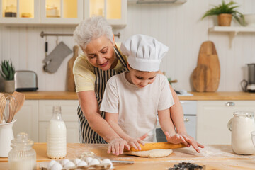 Happy family in kitchen. Grandmother and granddaughter child cook in kitchen together. Grandma...