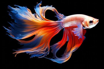 Fototapeta premium Capture the moving moment of red-blue siamese fighting fish isolated on black background. betta fish. 