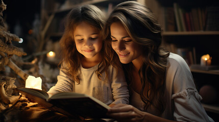 Warm and Tender: Parent Reading Bedtime Story to Child. Capturing the Magical Atmosphere - obrazy, fototapety, plakaty