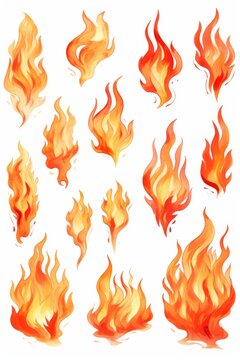 Watercolor Fire Set. Hand Drawn Flames in Isolated Sketch Illustration with Vignetting Effect. Perfect for Emergency and Blaze Themed Designs