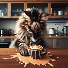 Cat makes facepalm gesture after spilling cappuccino on kitchen table. Coffee morning. Meme illustration. Digital art. - obrazy, fototapety, plakaty